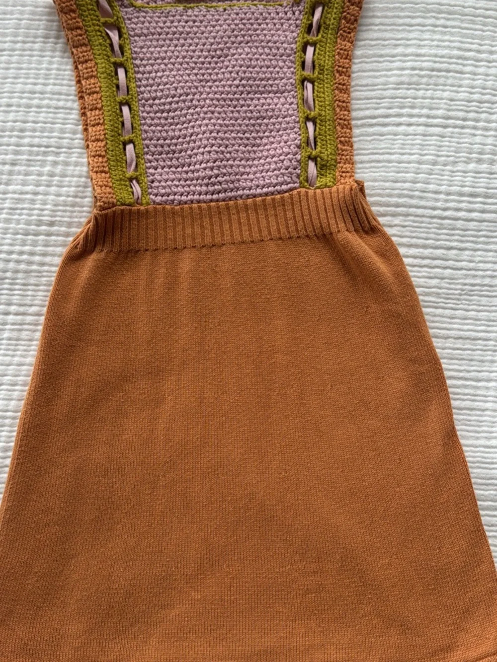 Misha And Puff Rust Orange Pinafore with Lilac and Olive Knit Bib
